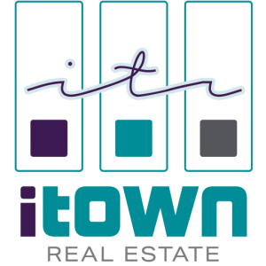 Logo with abstract rectangular designs and bold text. The top part has three rectangles containing a wavy line. Below, the text reads "iTOWN REAL ESTATE" in teal and gray on a white background, showcasing premier real estate in Indianola.