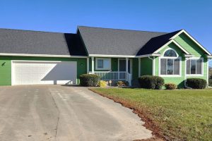 A vibrant green suburban house with a black roof and white trim stands under a clear blue sky. A long driveway leads to a two-car garage. The front yard is neatly maintained with hedges and a manicured lawn.