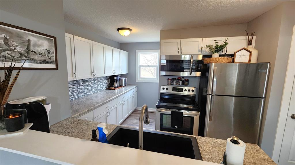 Interior-1 Modern kitchen with white cabinets, stainless steel appliances, and a central sink with a dark basin. A backsplash of small grey tiles accents the counters. A framed picture and plants decorate the space, with natural light from a window.
