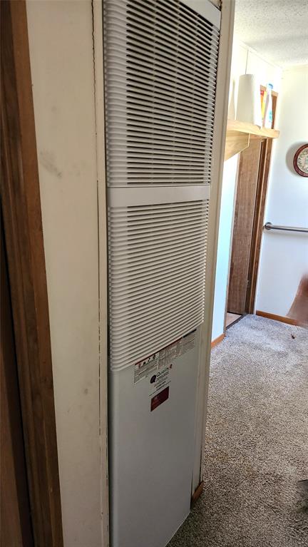 A tall white wall-mounted heater with a vented design stands in a carpeted hallway. A shelf with bottles and a wall decoration are visible in the background.