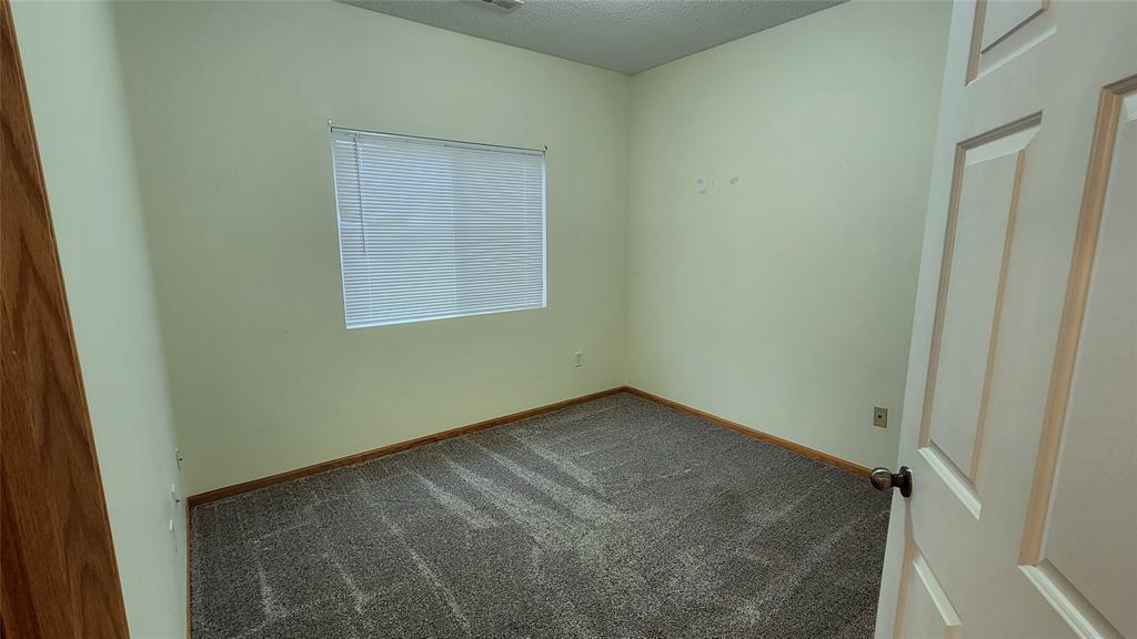 An empty room with light yellow walls and gray carpet. A window with closed blinds is on one wall, and the room is illuminated by natural light. A wooden door is partially open, showing a brown doorknob.