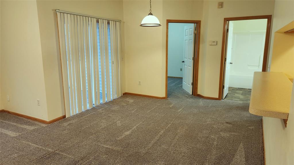 A carpeted living room with beige walls and a hanging light fixture. There's a sliding glass door with vertical blinds on the left, and two open doors on the right leading to a bathroom and another room. A small counter is visible to the right.