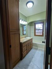 A bathroom at 701 S Roche Street, Knoxville IA features light green walls, a wooden cabinet, a vanity with sink and mirror, overhead lights, a bathtub with shower, a window above the tub, and light-colored floor tiles.