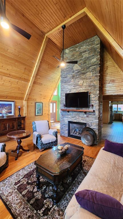 14434 US-65 Acreage 03 Cozy living room with wood-paneled vaulted ceiling, stone fireplace with mounted TV, armchairs, sofa with purple pillows, patterned rug, and wooden coffee table. Natural light comes through windows in the background.