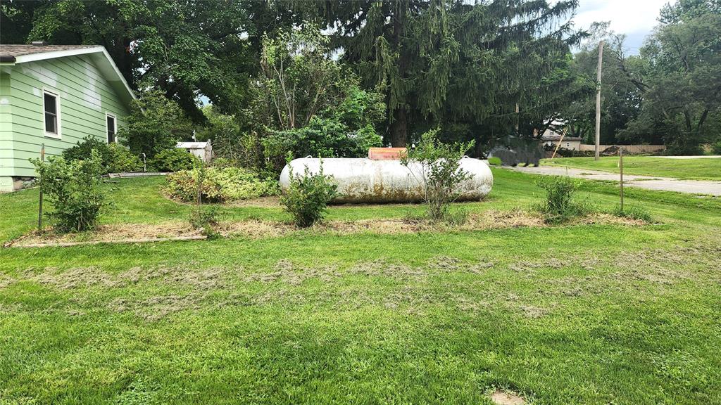 202 E Main St 19 A large white propane tank sits on a grassy yard beside a light green house, surrounded by small bushes and trees, with a road and more greenery in the background.