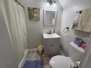A small bathroom with a shower and curtain on the left, a vanity with a sink and mirror in the center, and a toilet on the right. There is wall art, a towel, and toiletries neatly arranged.