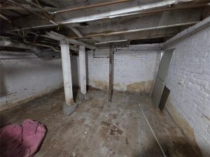 A dimly lit, empty basement with white brick walls, exposed pipes, three support columns, and a dusty floor. A pink cushion and a door lean against the walls. The space appears old and slightly deteriorated.