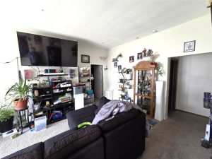 A living room with a large wall-mounted TV, black shelves holding various items, a black couch with blankets, a glass display cabinet, several plants, and framed photos on cream-colored walls.
