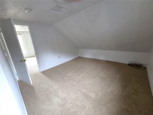 An empty room with beige carpet, white walls, a slanted ceiling, an open door leading to another room, and a bundle of black cables in the corner.