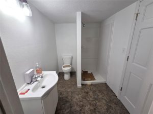 A clean, simple bathroom with a sink and mirror on the left, a toilet in the center, and a walk-in shower with shelves on the right. The floor is tiled and the walls are white.