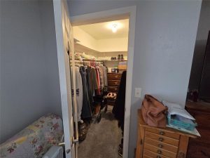 Walk-in closet with clothes hanging on racks, shoes on the carpeted floor, and shelves holding boxes and shoes. A dresser is inside the closet, and a purse sits on a wooden chest outside the open door.