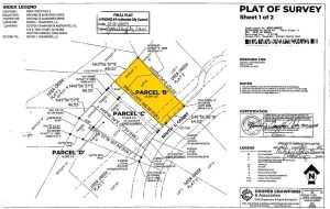 A detailed plat of survey map showing property boundaries for Parcel 'A' and Parcel 'B' with measurements, directional bearings, certification, signatures, and surveyor information. Parcel 'B' is highlighted in yellow.