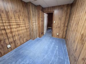 Small, empty room with blue carpet and wood panel walls. The ceiling has white tiles, an open door leads to a hallway with matching carpet, and a black cable hangs on the right wall.