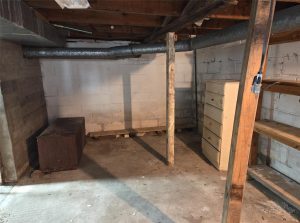 A dimly lit basement with exposed beams and pipes, concrete floors, and cinder block walls. There is a wooden shelving unit, a small dresser, and a large brown chest against the walls.