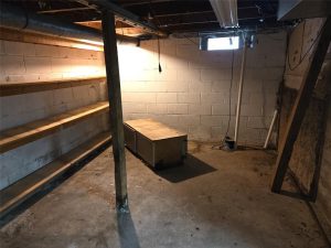 A dimly lit basement room in with concrete floors, white cinder block walls, wooden shelves along one wall, an old chest in the center, exposed pipes, and a small window letting in light.