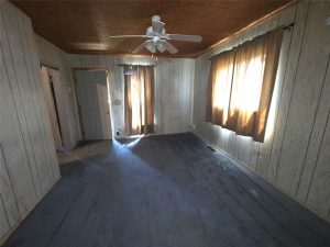 entry room with two windows with blue carpet and a ceiling fan and a hallway entrance on the left wall